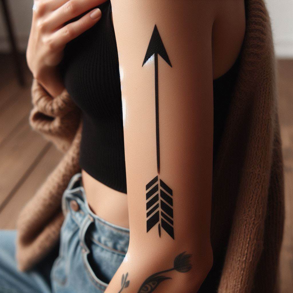 A simple, yet bold arrow tattooed along a woman's forearm, pointing forwards, symbolizing direction, focus, and moving forward despite challenges.