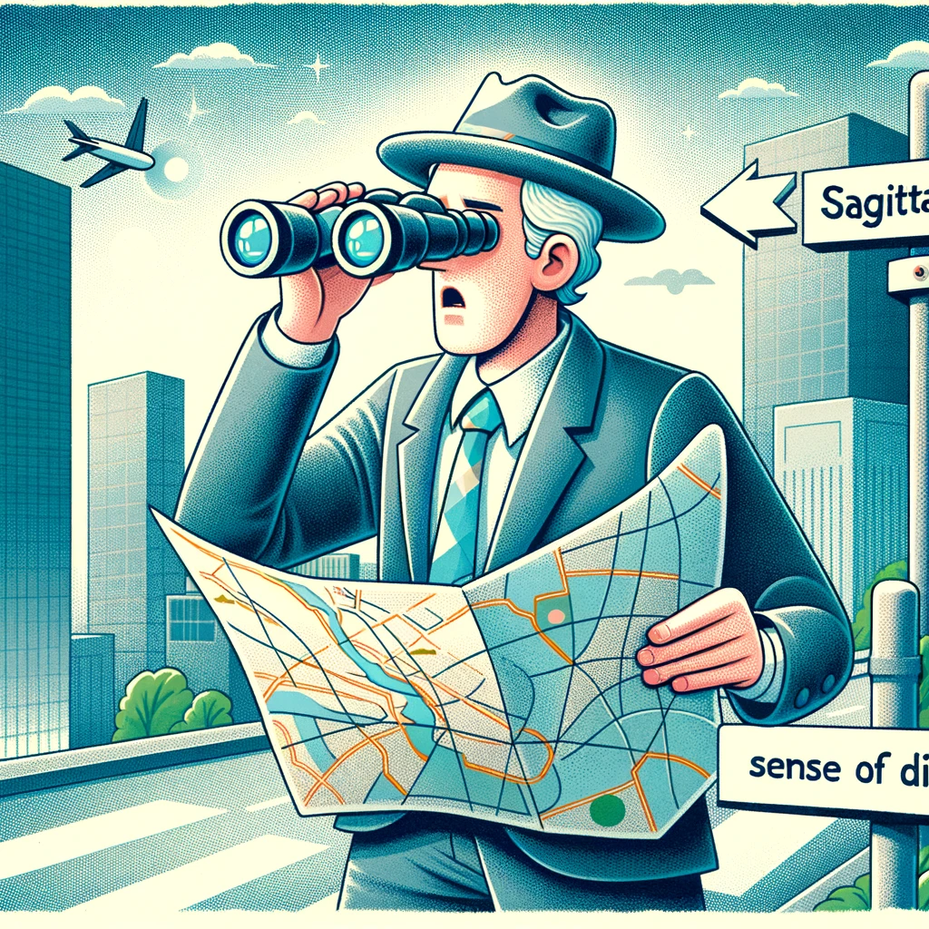 An image of a Sagittarius sign looking at a map with binoculars, lost in the middle of a city, with a caption, "Sagittarius' sense of direction."