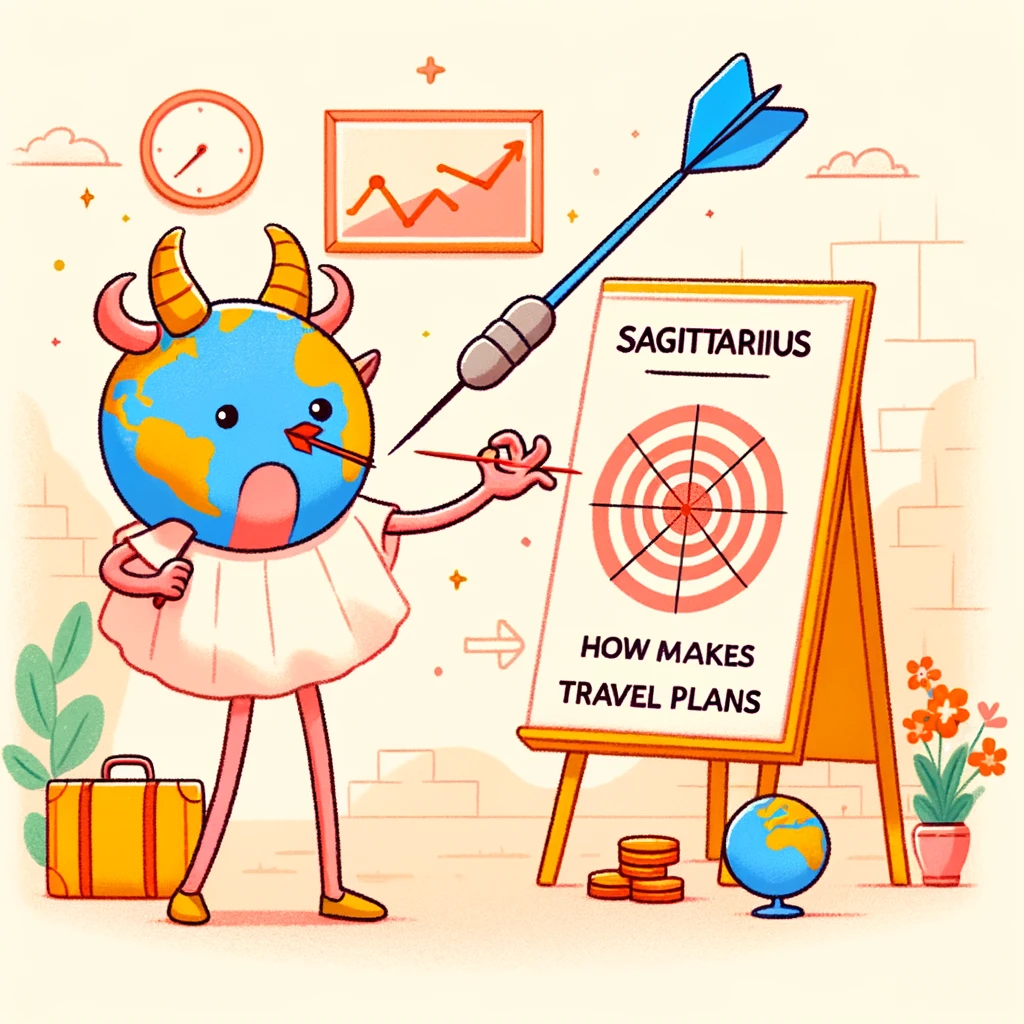 A whimsical image of a Sagittarius sign making a spontaneous decision with a dart and a world map, with a caption, "How Sagittarius makes travel plans."