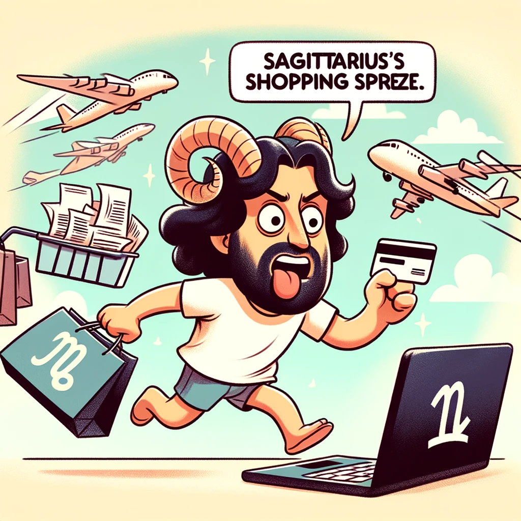A comical image of a Sagittarius sign impulsively buying plane tickets online, with a credit card in hand, and a caption that says, "Sagittarius' shopping spree."