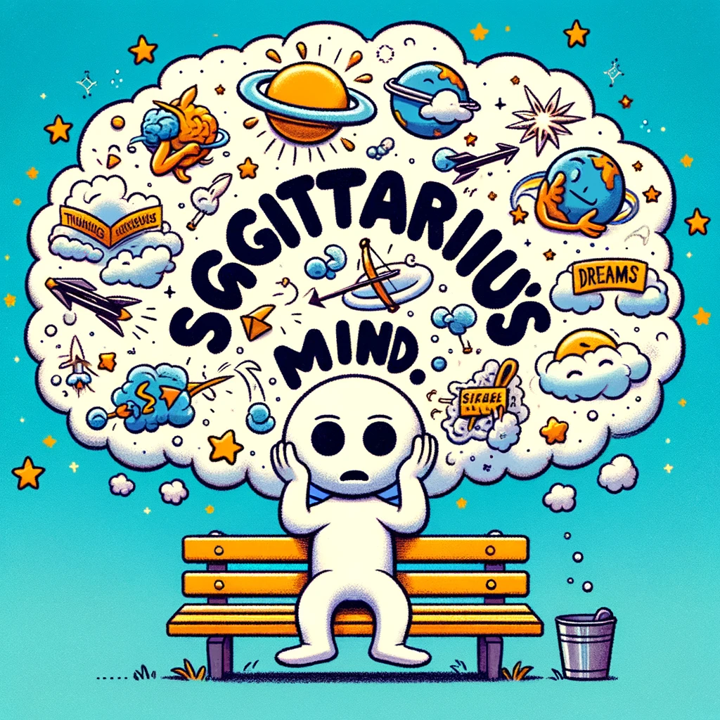 An amusing image of a Sagittarius sign lost in thought, surrounded by thought bubbles filled with dreams and ideas, with a caption, "Inside a Sagittarius' mind."