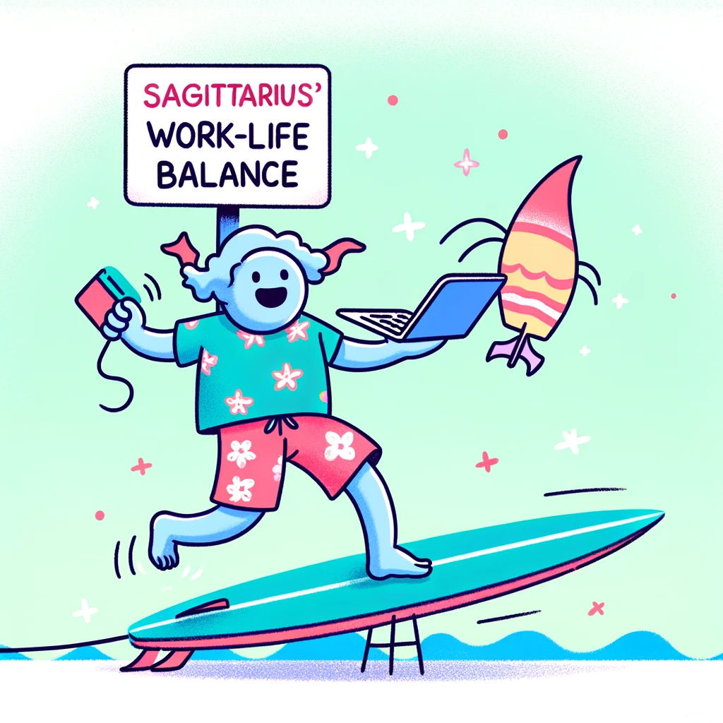 A playful illustration of a Sagittarius sign trying to balance work and play, with one hand on a laptop and the other holding a surfboard, captioned, "Sagittarius' work-life balance."