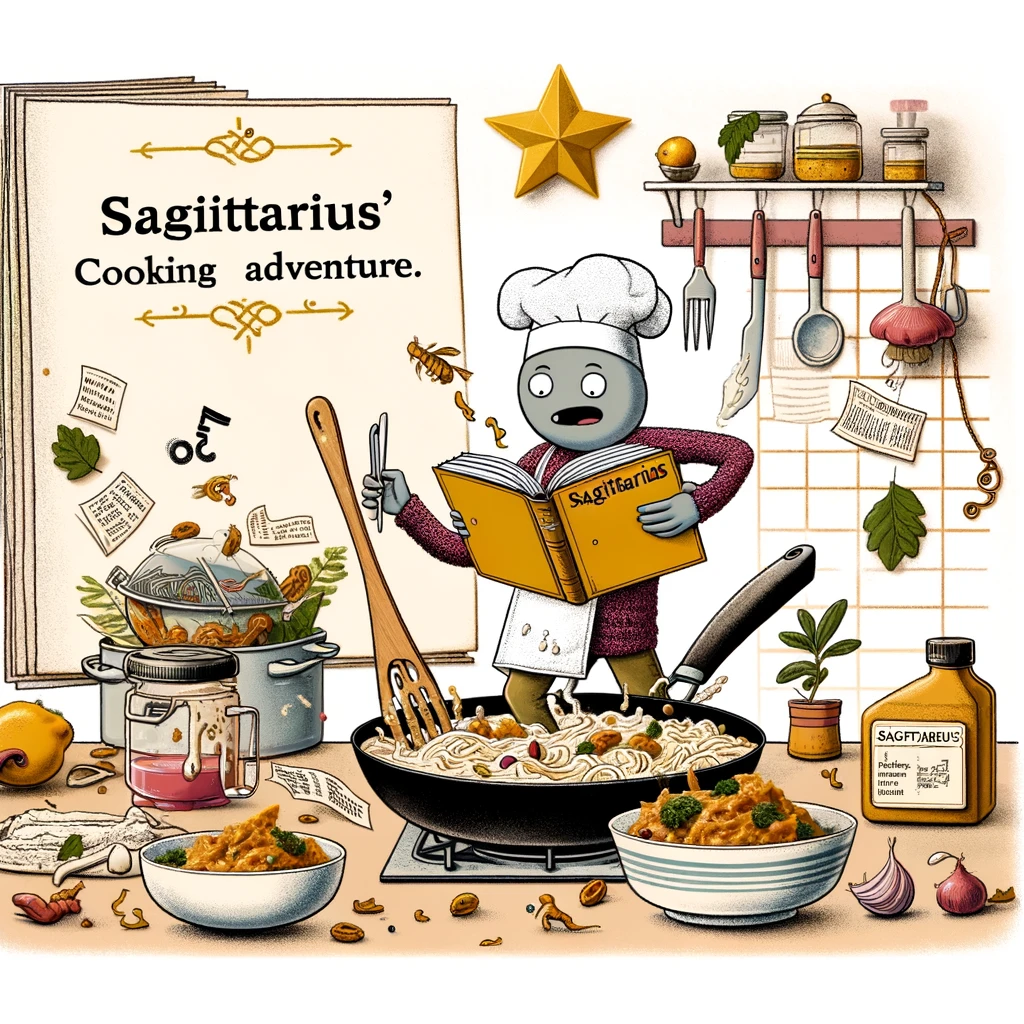 A humorous image of a Sagittarius sign trying to follow a recipe but ending up with a completely different dish, surrounded by a messy kitchen, with a caption, "Sagittarius' cooking adventure."