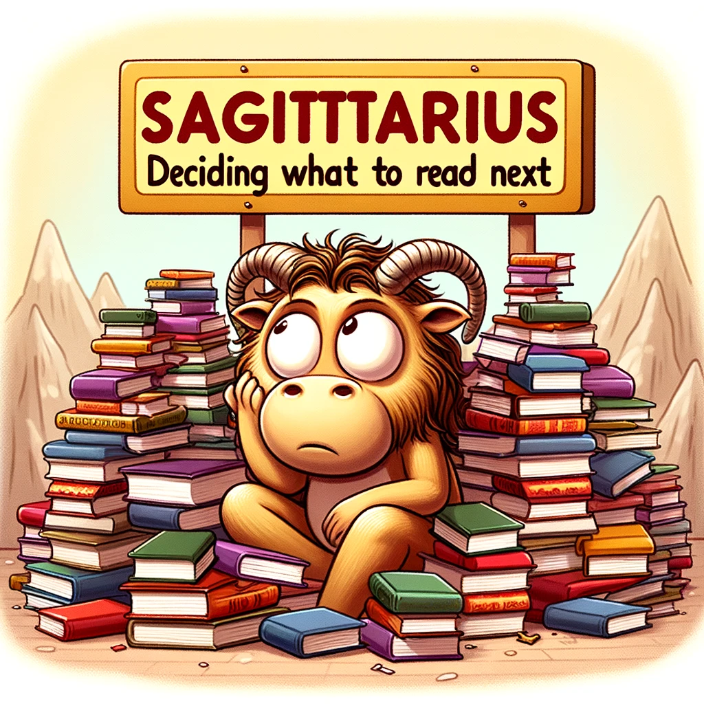 A funny image of a Sagittarius sign sitting among a mountain of books, looking bewildered, with a caption that reads, "Sagittarius deciding what to read next."