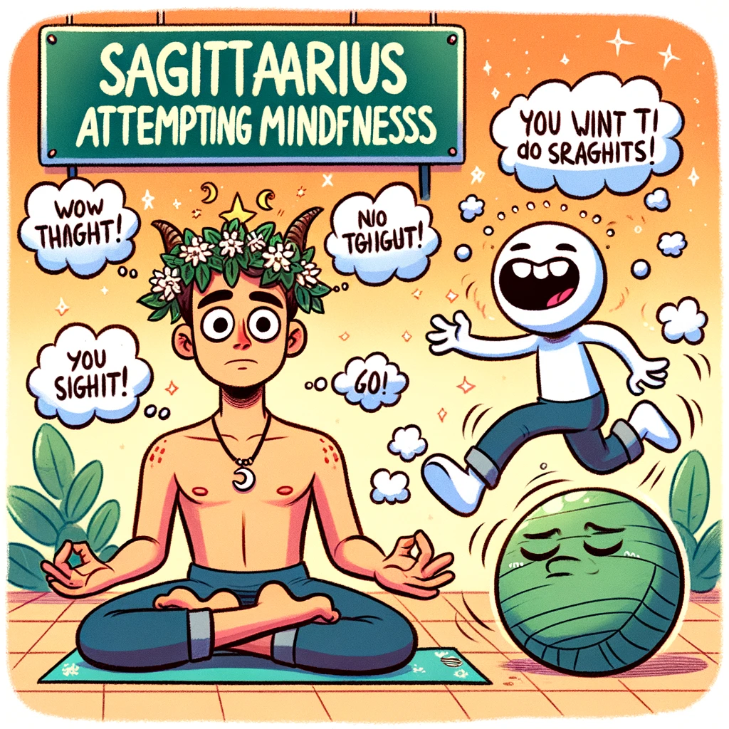 An image of a Sagittarius sign trying to meditate but getting distracted by random thoughts, illustrated by funny thought bubbles, with a caption, "Sagittarius attempting mindfulness."