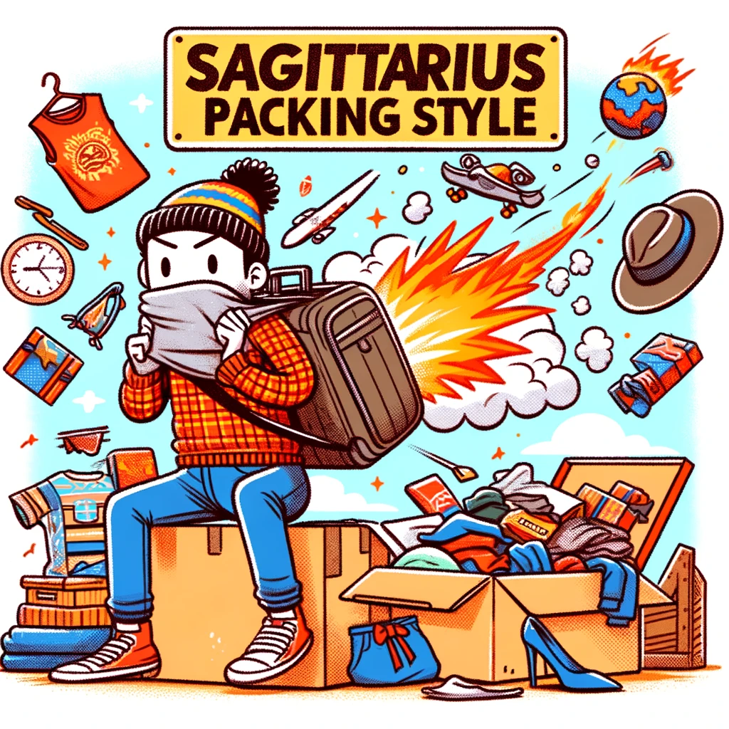 A cartoon of a Sagittarius sign packing for a trip last minute, with clothes and items flying everywhere, and a caption, "Sagittarius packing style: chaos edition."