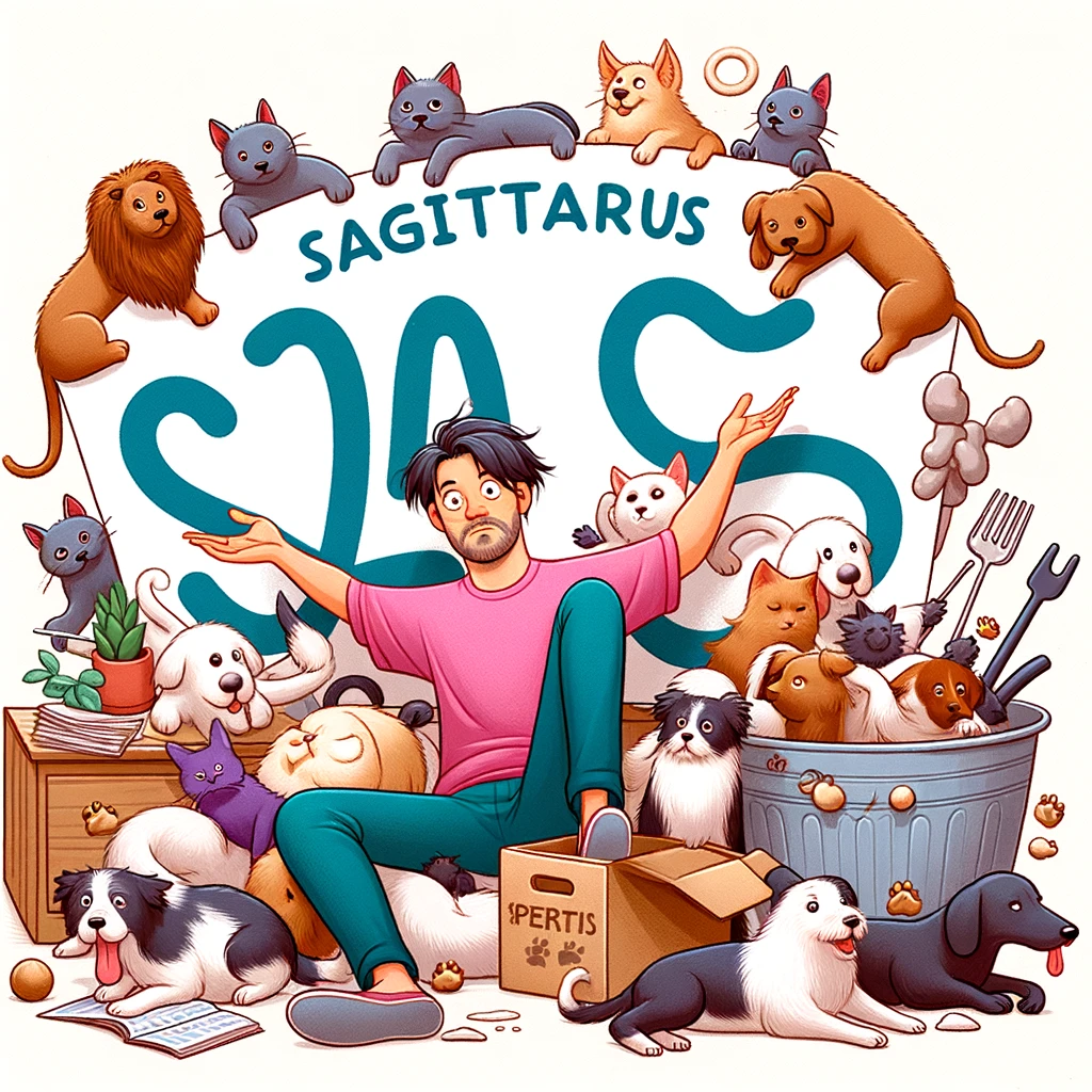 A funny image of a Sagittarius sign surrounded by pets, trying to manage a chaotic household of animals, with a caption, "Sagittarius as a pet owner."