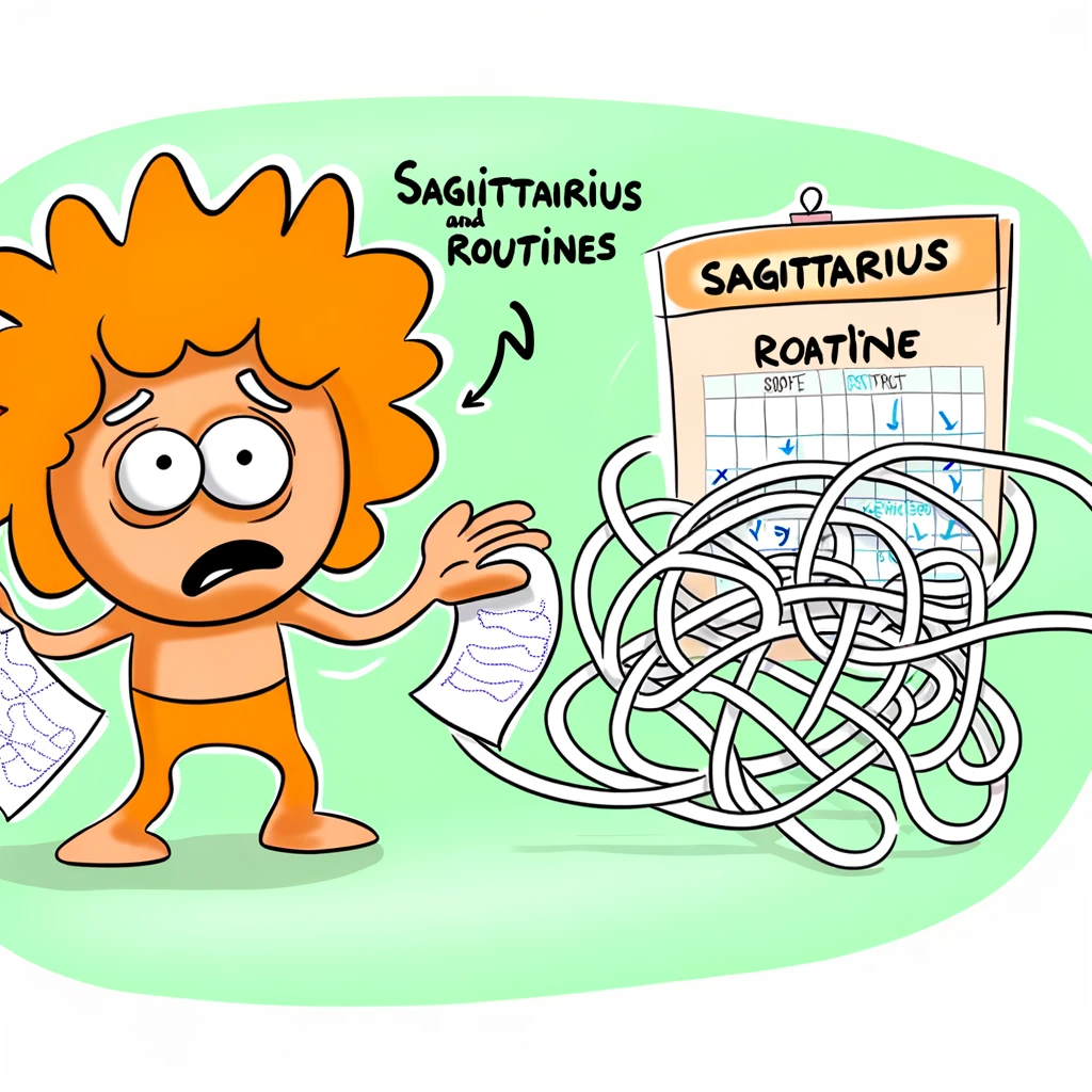 An amusing illustration of a Sagittarius sign trying to stick to a routine, depicted by a confused expression and a tangled schedule, with a caption, "Sagittarius and routines."