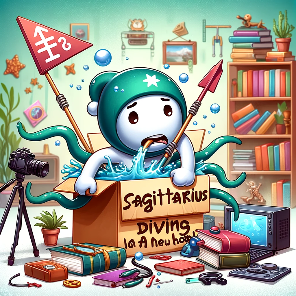 A playful image of a Sagittarius sign trying to learn a new hobby, surrounded by books, videos, and equipment, with a look of determination, captioned, "Sagittarius diving into a new hobby."