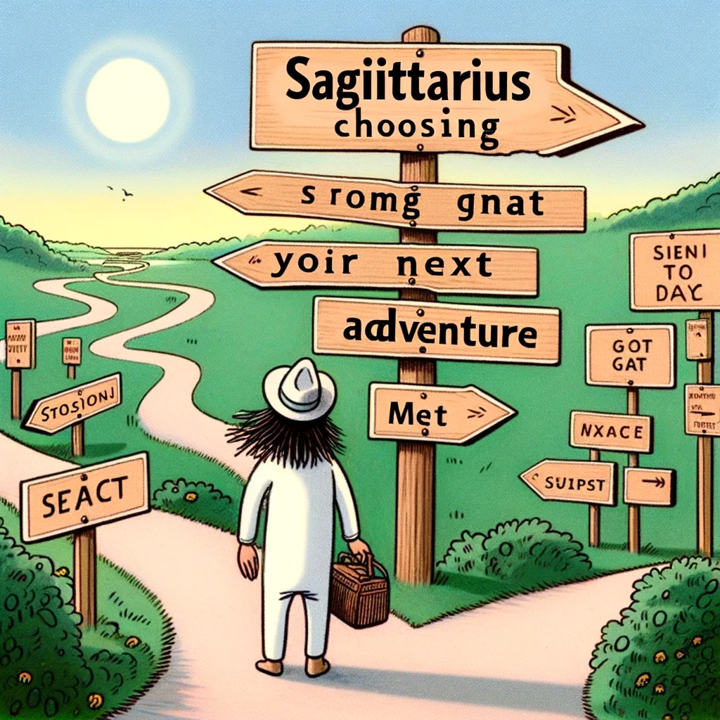 A humorous image of a Sagittarius sign at a crossroad, looking at signs pointing in multiple directions, each to a different adventure, with a caption, "Sagittarius choosing their next adventure."