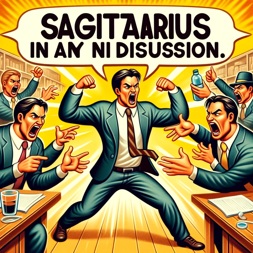 A cartoon image of a Sagittarius sign in a debate, passionately arguing with a humorous exaggeration of gestures, with a caption, "Sagittarius in any discussion."