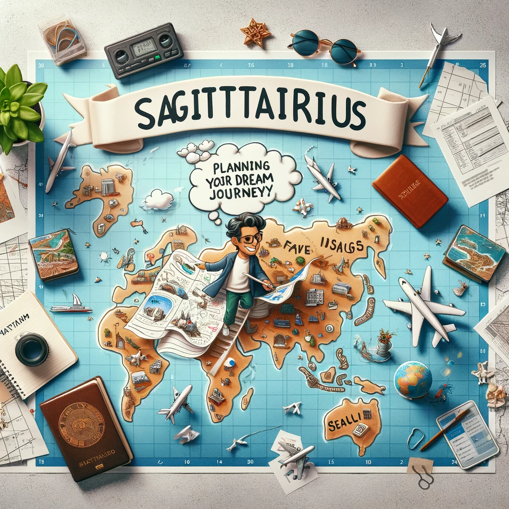 An image of a Sagittarius sign creating an elaborate travel itinerary on a giant map, surrounded by travel guides and notes, captioned, "Sagittarius planning their dream journey."