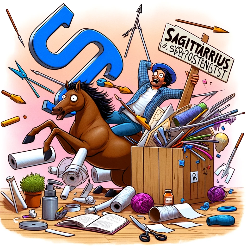 A comedic image of a Sagittarius sign spontaneously starting a new project, surrounded by a variety of unrelated project materials, with a caption, "Sagittarius and their spontaneous projects."