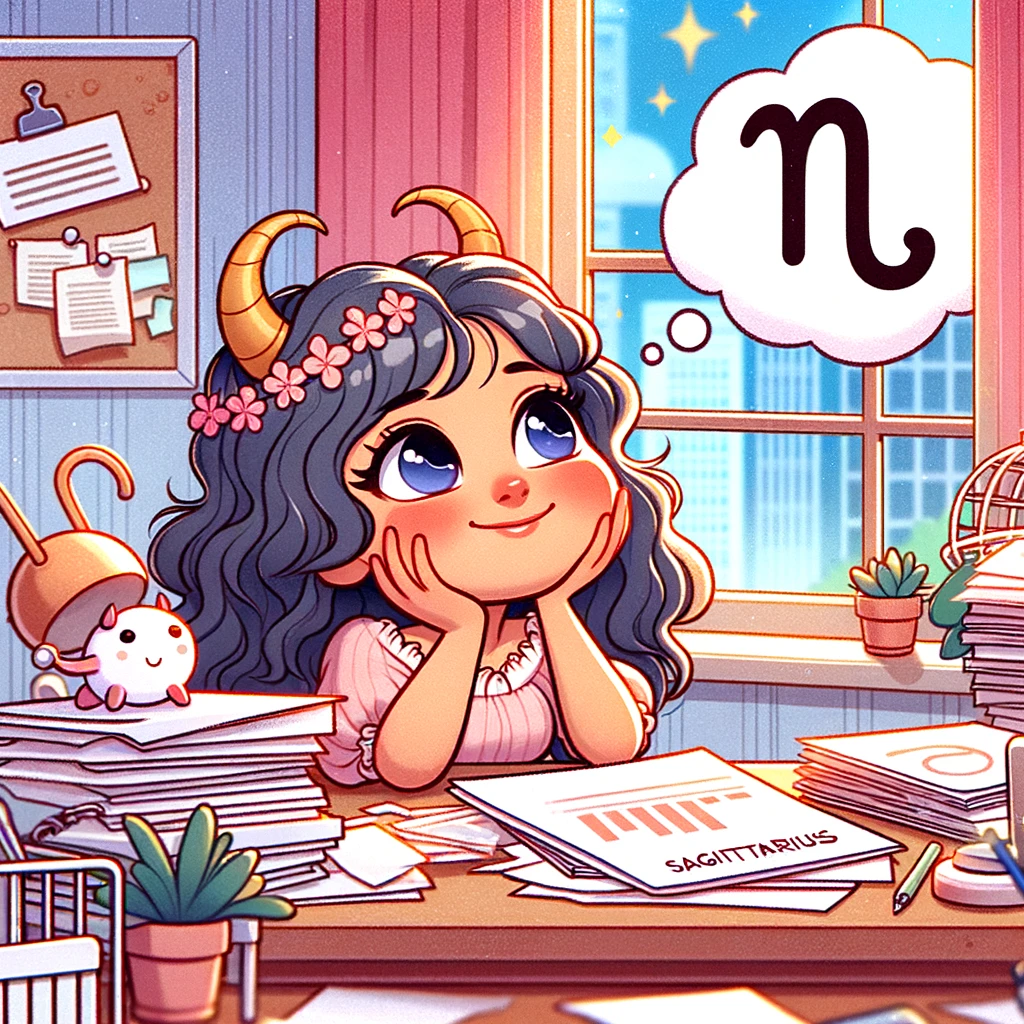 A charming image of a Sagittarius sign daydreaming at work, gazing out the window with a dreamy expression, surrounded by unfinished tasks, captioned, "Sagittarius on a Monday morning."