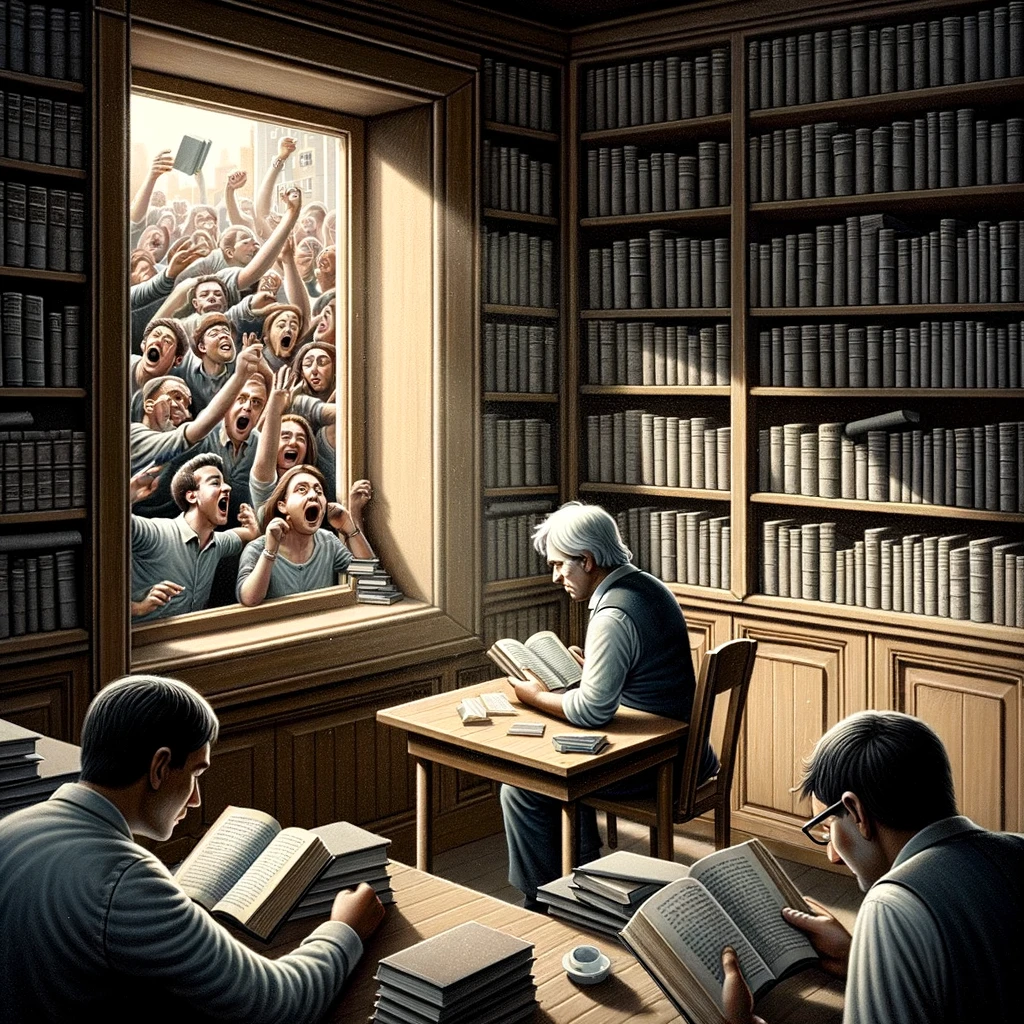 An image of a person sitting at a desk, deeply engrossed in reading a book. The room is filled with stacks of books, suggesting a study or a library. Outside the window, a group of people can be seen gesturing and calling for the person's attention. However, the person remains completely absorbed in their reading, oblivious to the commotion outside. The caption reads: "When the outside world is too loud, but your book is just too good."