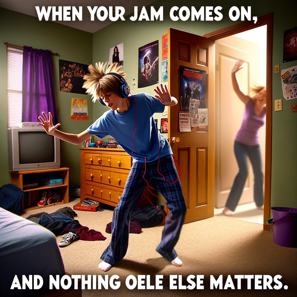A playful image of a teenager with headphones on, completely engrossed in their music, dancing carefree in their room. The room is a typical teenager's bedroom, with posters on the walls and clothes scattered around. Through the open door, a parent can be seen attempting to communicate something important, but the teenager is too caught up in the rhythm and beats to notice. The caption reads: "When your jam comes on, and nothing else matters."
