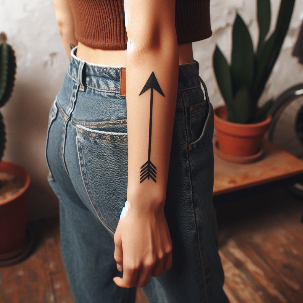 A simple, yet bold arrow tattooed along a woman's forearm, pointing forwards, symbolizing direction, focus, and moving forward despite challenges.
