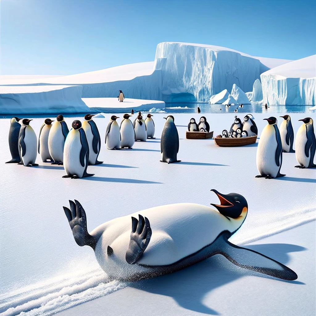 An image depicting a penguin nonchalantly sliding on its belly across the ice, completely indifferent to a group of penguins gathered for a meeting in the background. The landscape is a vast, snowy Antarctic scene, with icebergs and a clear blue sky. The penguin in the foreground is having the time of its life, sliding with joy and freedom, while the group looks on, puzzled. The caption reads: "When there's a meeting scheduled, but you have better plans."