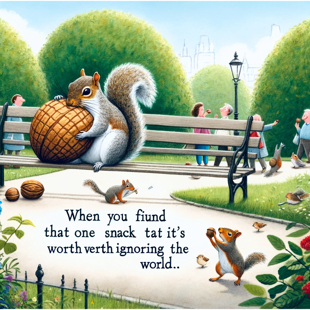 A whimsical image of a squirrel sitting on a park bench, completely engrossed in eating a large nut. Around it, people are trying to get its attention by offering various treats, but the squirrel is solely focused on its precious find. The park setting is lush and green, with trees and flowers in bloom, and a clear sky above. The caption reads: "When you find that one snack that's worth ignoring the world for."