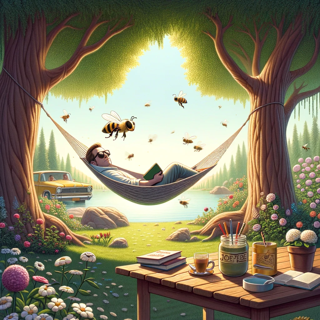 An image of a relaxed individual lounging on a hammock between two trees, wearing sunglasses and with a book resting on their chest. The scene is serene, set in a beautiful garden with blooming flowers and a tranquil pond in the background. In the foreground, a busy bee hovers near, symbolizing the hustle and bustle of life. However, the person remains undisturbed, the epitome of relaxation. The caption reads: "When life buzzes around you, but you're in your peaceful bubble."