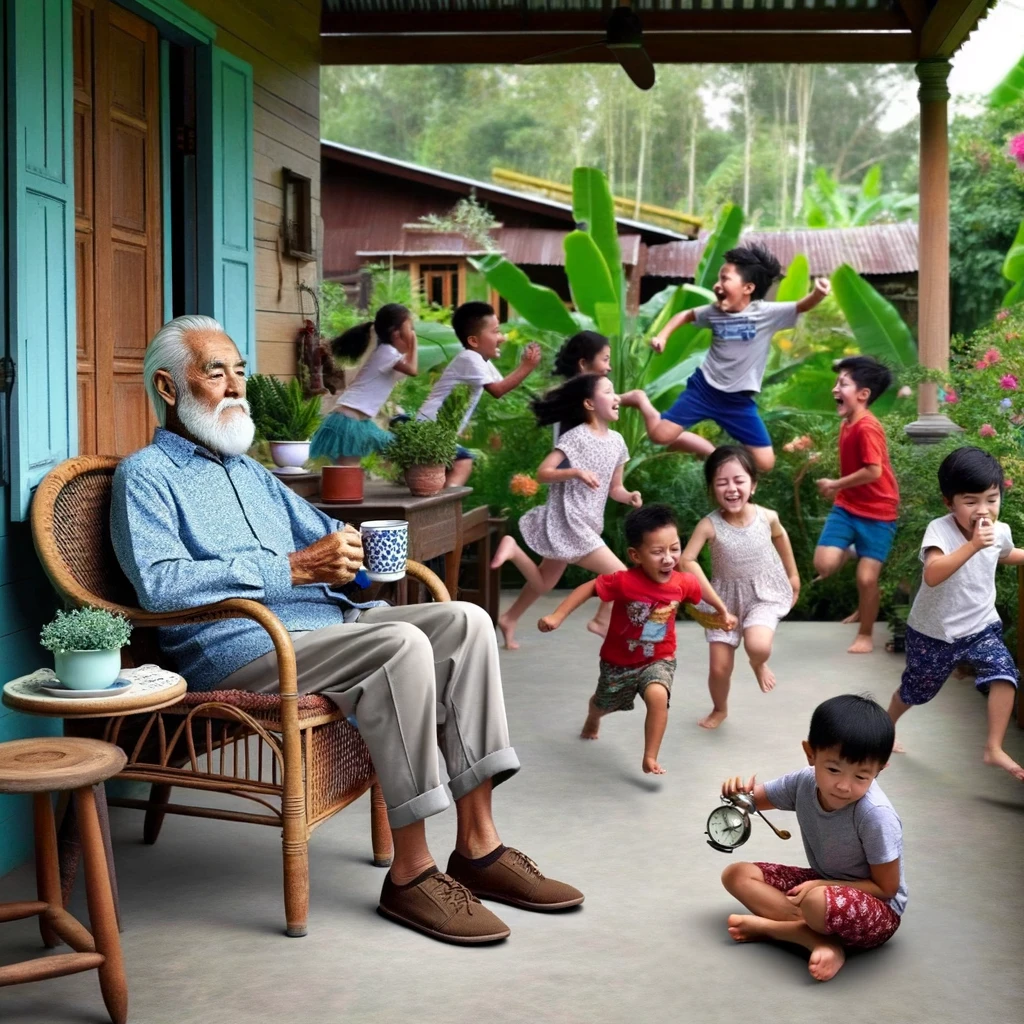 An amusing image of an old man sitting on a porch, calmly sipping tea, while a group of children play loudly in the yard in front of him. The man is the picture of serenity, completely unfazed by the chaos around him. The porch is decorated with plants and comfortable furniture, suggesting a peaceful retreat. The caption reads: "When the world is in chaos, but your tea is just too good."