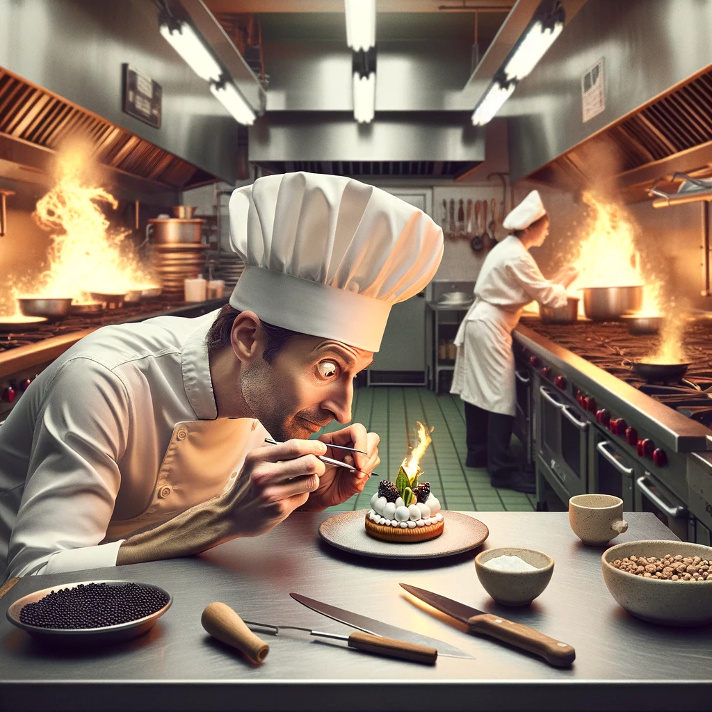 A comical image of a chef focused intensely on decorating a small, intricate dessert in a bustling kitchen, completely oblivious to a minor fire starting in the background. The kitchen is filled with culinary tools and ingredients, showcasing a professional environment. Despite the urgency of the situation, the chef's dedication to perfecting the dessert is unwavering. The caption reads: "When your passion burns brighter than the chaos around you."