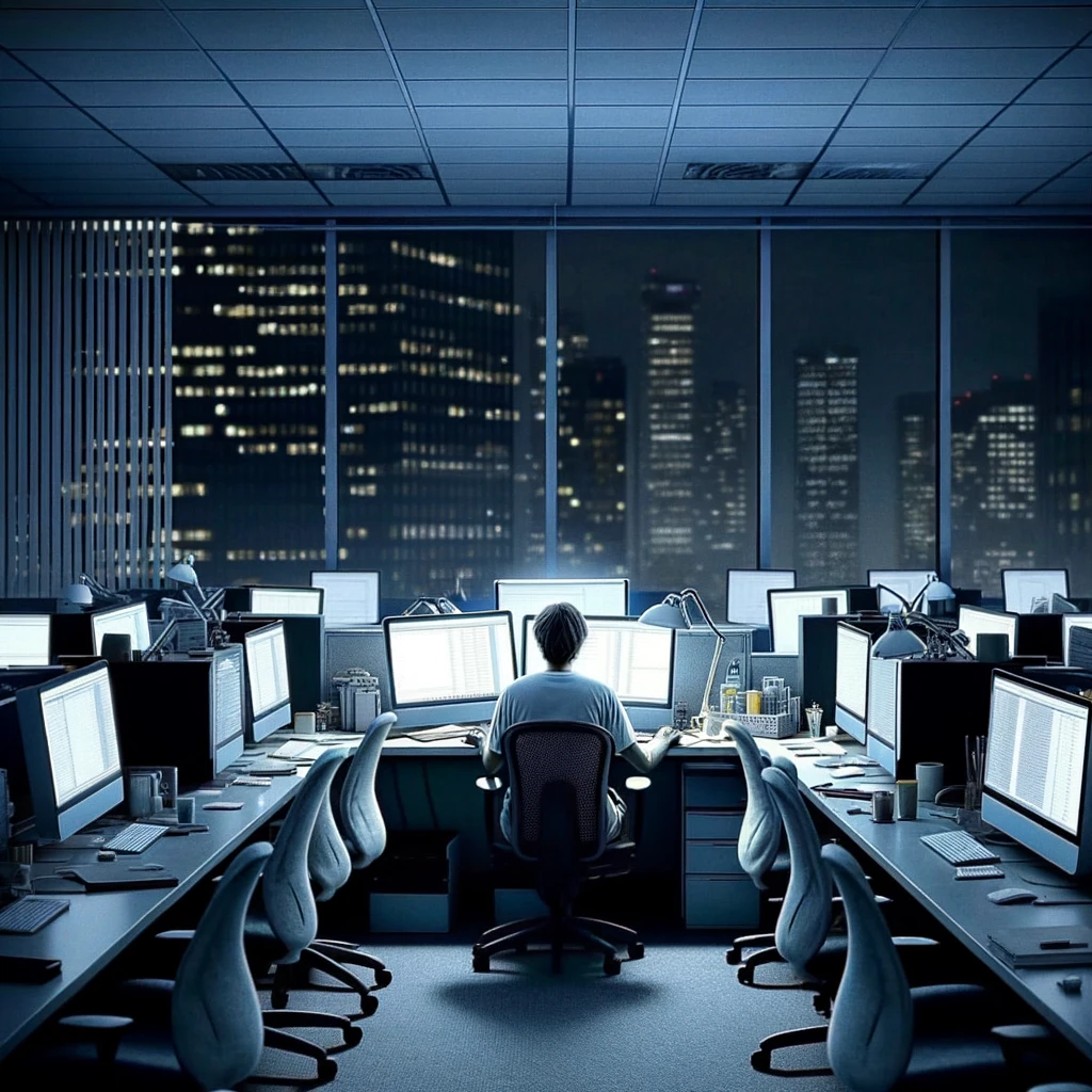 A funny image of a lone office worker diligently focused on their computer screen, typing away, surrounded by empty desks. The office is dimly lit, suggesting it's after hours, and everyone else has gone home. Outside the window, the city lights are bright, indicating it's late in the evening. Despite the solitude, the worker is completely absorbed in their task, embodying dedication. The caption reads: "When you're in the zone, and time has no meaning."