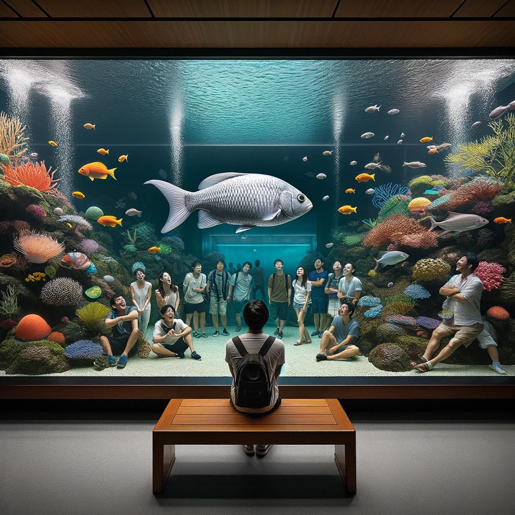 A serene image of a fish swimming calmly in a beautifully detailed aquarium, completely oblivious to the excited faces of people watching from the outside. The aquarium is filled with vibrant corals, aquatic plants, and a few other fish, creating a tranquil underwater scene. The fish, however, seems to be in its own world, swimming leisurely without a care for the audience's attention. The caption reads: "When you're in your own bubble, and the world's curiosity doesn't faze you."