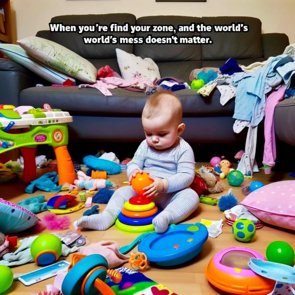 A humorous image of a baby focused intently on a colorful toy, completely ignoring the chaos of a messy living room around them. The living room is scattered with toys, cushions, and clothes, signifying a busy household. However, the baby sits in the middle, absorbed in playing with a bright, fascinating toy, unaffected by the disorder. The caption reads: "When you find your zone, and the world's mess doesn't matter."