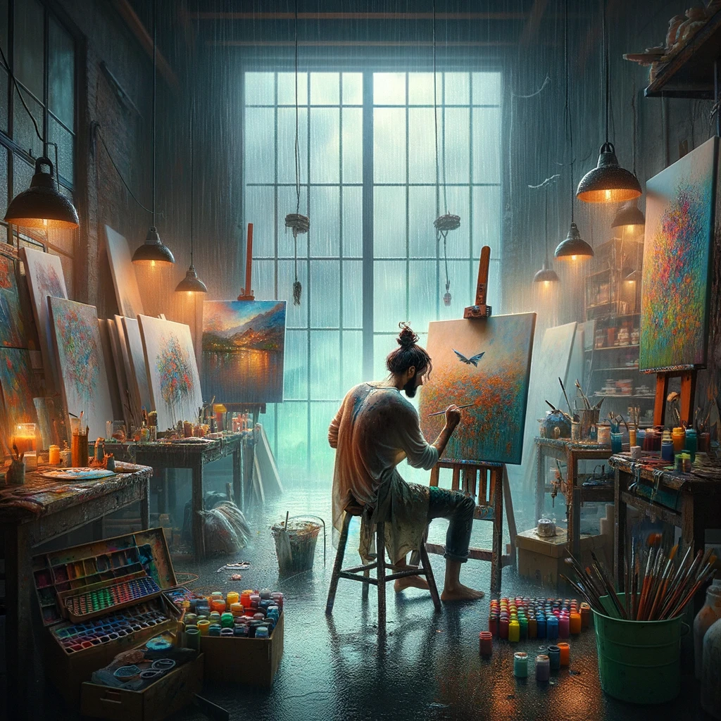 A captivating image of an artist lost in their work, painting on a canvas, completely oblivious to the gentle rain outside. The studio is filled with art supplies, works in progress, and the vibrant colors of various paints. Through the open window, the rain creates a soothing backdrop, but the artist remains focused on their creation, a testament to their passion and dedication. The caption reads: "When your art captures you, and the world outside is just a whisper."
