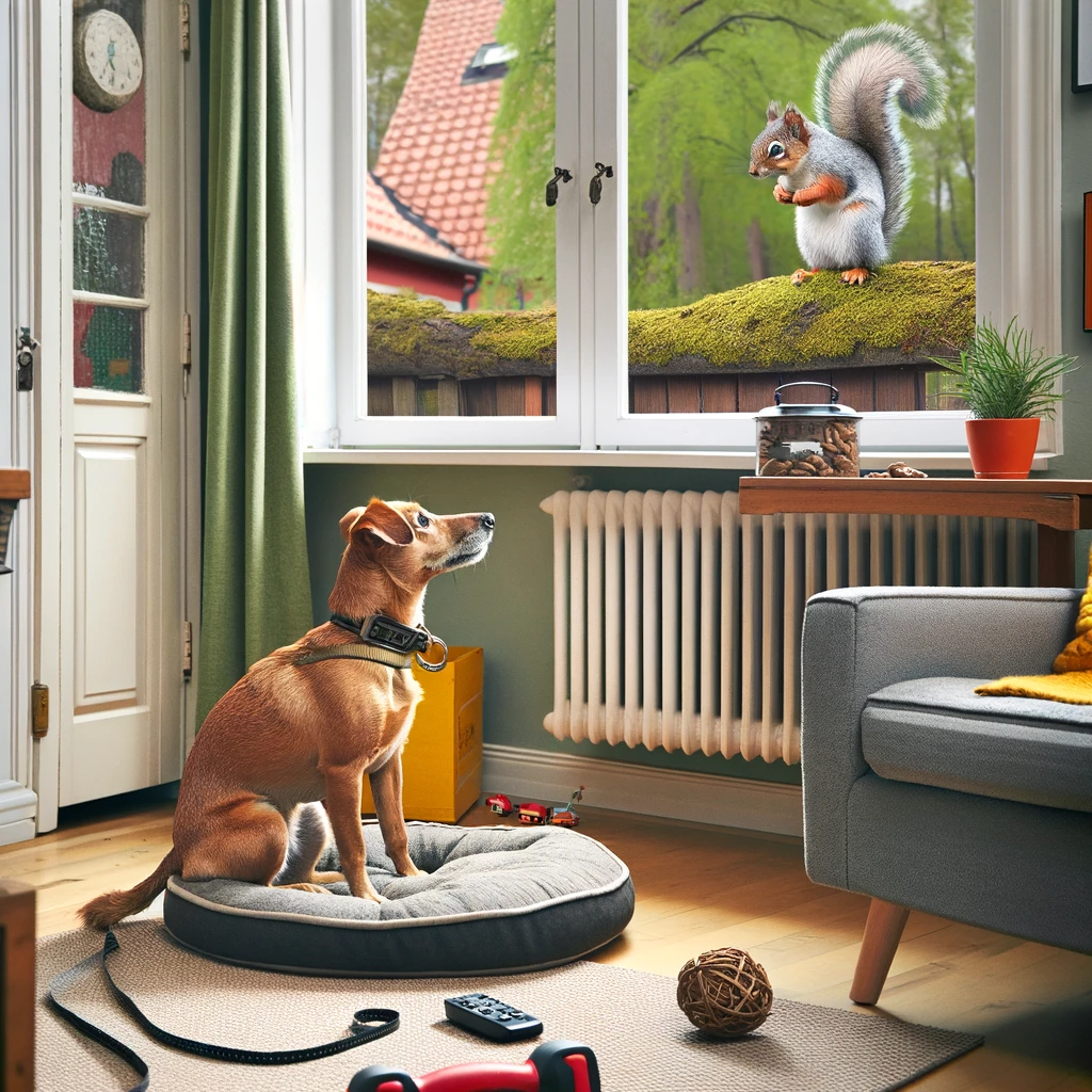 An amusing image of a dog intently watching a squirrel outside the window, completely ignoring its owner's call for a walk. The room is cozy, with a dog bed and toys scattered around, but the dog's attention is solely fixed on the squirrel, captivated by its movements. The owner stands at the door with a leash, perplexed by the dog's lack of response. The caption reads: "When nature's TV is better than any walk."