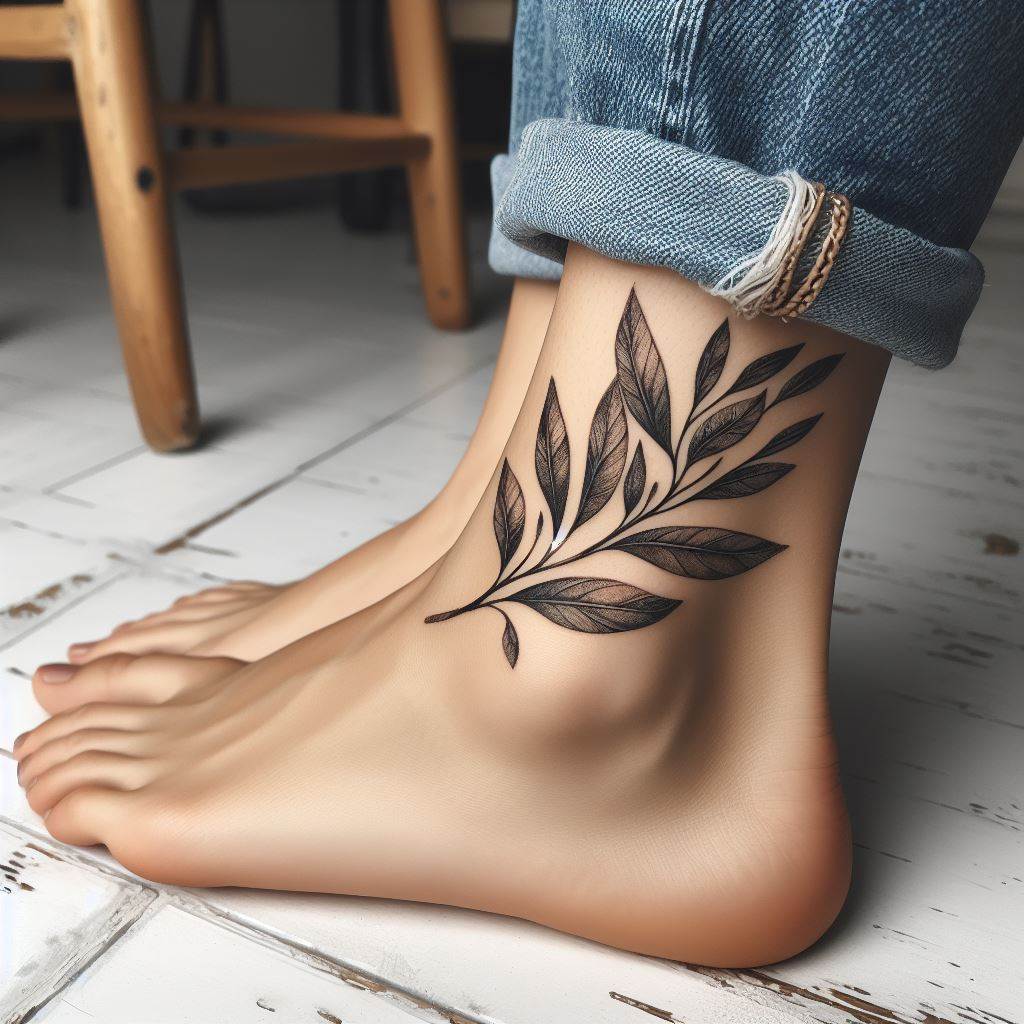 A delicate olive branch tattoo wrapped around a woman's ankle, its leaves detailed and lifelike, symbolizing peace and victory.