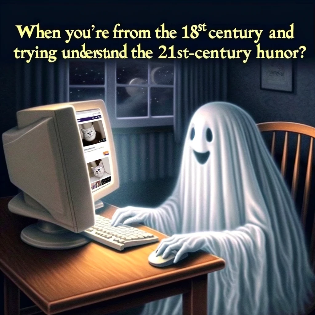 A ghost sitting in front of a computer, looking confused and slightly scared by the internet. The ghost is transparent and ethereal, with its hands hovering over the keyboard as if unsure how to type. The computer screen shows a funny cat video, contrasting the ghost's intention to search for haunting techniques. The room is dark, lit only by the glow of the screen, adding to the ghost's out-of-place vibe. The meme caption reads, "When you're from the 18th century and trying to understand the 21st-century humor."