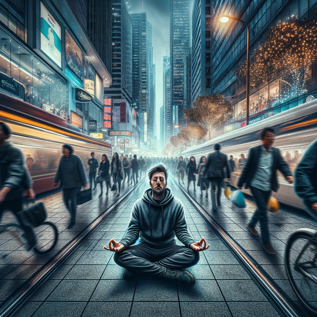 A comical image of a person meditating in the middle of a busy city sidewalk, completely engulfed in peace amidst the hustle and bustle. Around them, pedestrians and cyclists navigate the crowded space, but the meditator remains in a bubble of tranquility, unaffected by the chaos. Skyscrapers and city lights create a dynamic background, contrasting sharply with the calmness of the meditating figure. The caption reads: "When you find your inner peace, and the world's rush fades away."