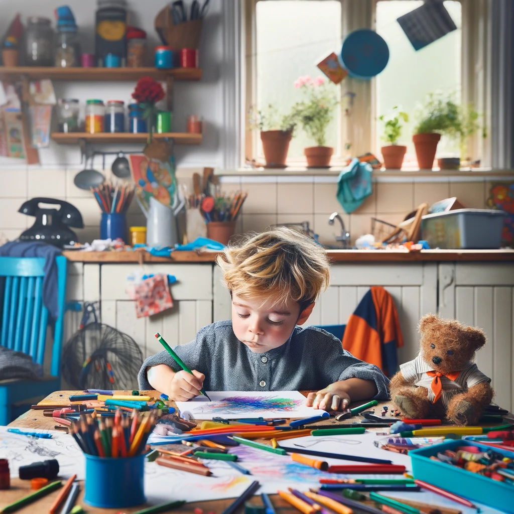 An endearing image of a child absorbed in drawing, completely ignoring a cluttered kitchen behind them. The kitchen table is a creative mess, with crayons, paper, and art supplies scattered around. Despite the disorganized backdrop, the child is fully engaged in their artwork, showcasing their imagination and focus. The caption reads: "When creativity flows, and the world's clutter becomes invisible."