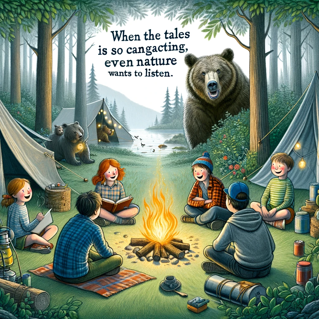 A whimsical image of a group of friends camping in the wilderness, completely immersed in storytelling around a campfire, oblivious to a curious bear peeking from behind the trees. The campsite is set in a serene forest, with tents and camping gear scattered around. The warmth of the fire and the engagement of the friends create a cozy atmosphere, undisturbed by the wildlife's interest. The caption reads: "When the tales are so captivating, even nature wants to listen."