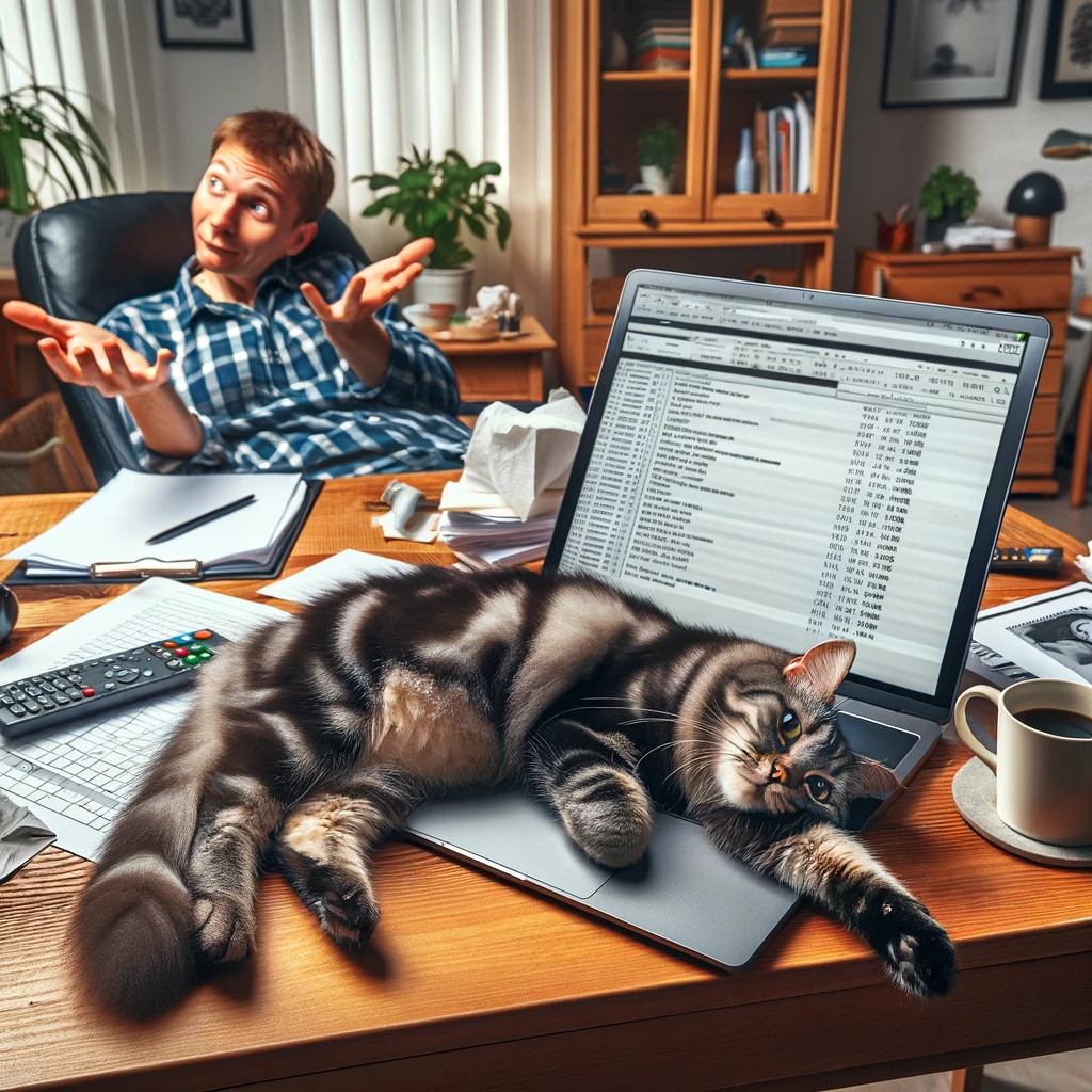 A hilarious image of a cat sprawled out on a laptop keyboard, completely ignoring its owner's attempts to work. The home office setting includes a desk cluttered with papers, a coffee cup, and the laptop, with the cat in the center, lazily looking away. The owner, visible in the background, gestures in a mix of amusement and frustration. The caption reads: "When your cat decides it's nap time, and your work can wait."