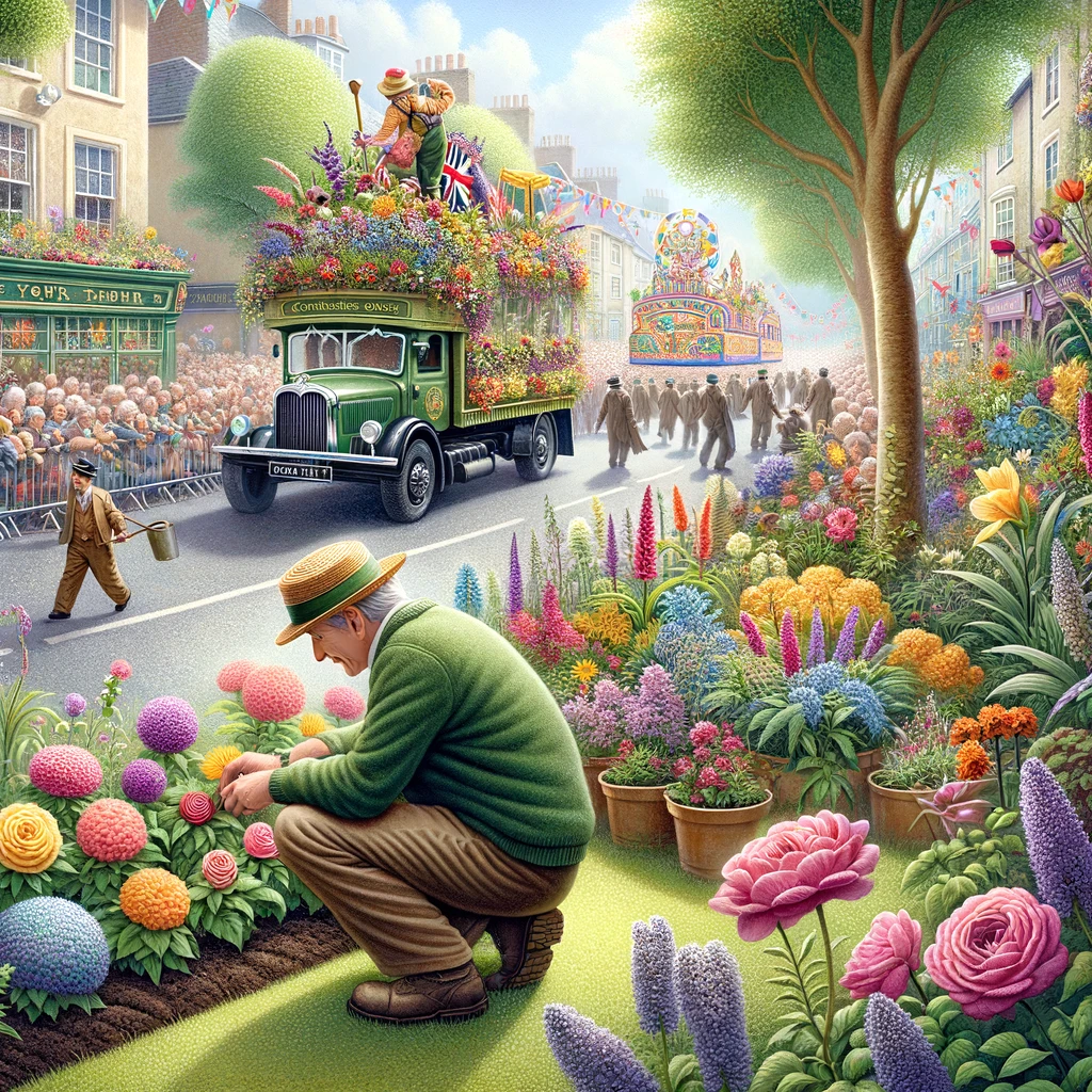 A charming image of a gardener completely absorbed in tending to a flower bed, oblivious to a parade passing by on the street behind them. The garden is vibrant with a variety of flowers and plants, showcasing the gardener's dedication. In the background, the parade features colorful floats and crowds of people, but the gardener's focus remains unshaken, illustrating their love for gardening. The caption reads: "When your passion blooms, and the world's festivities are just a backdrop."