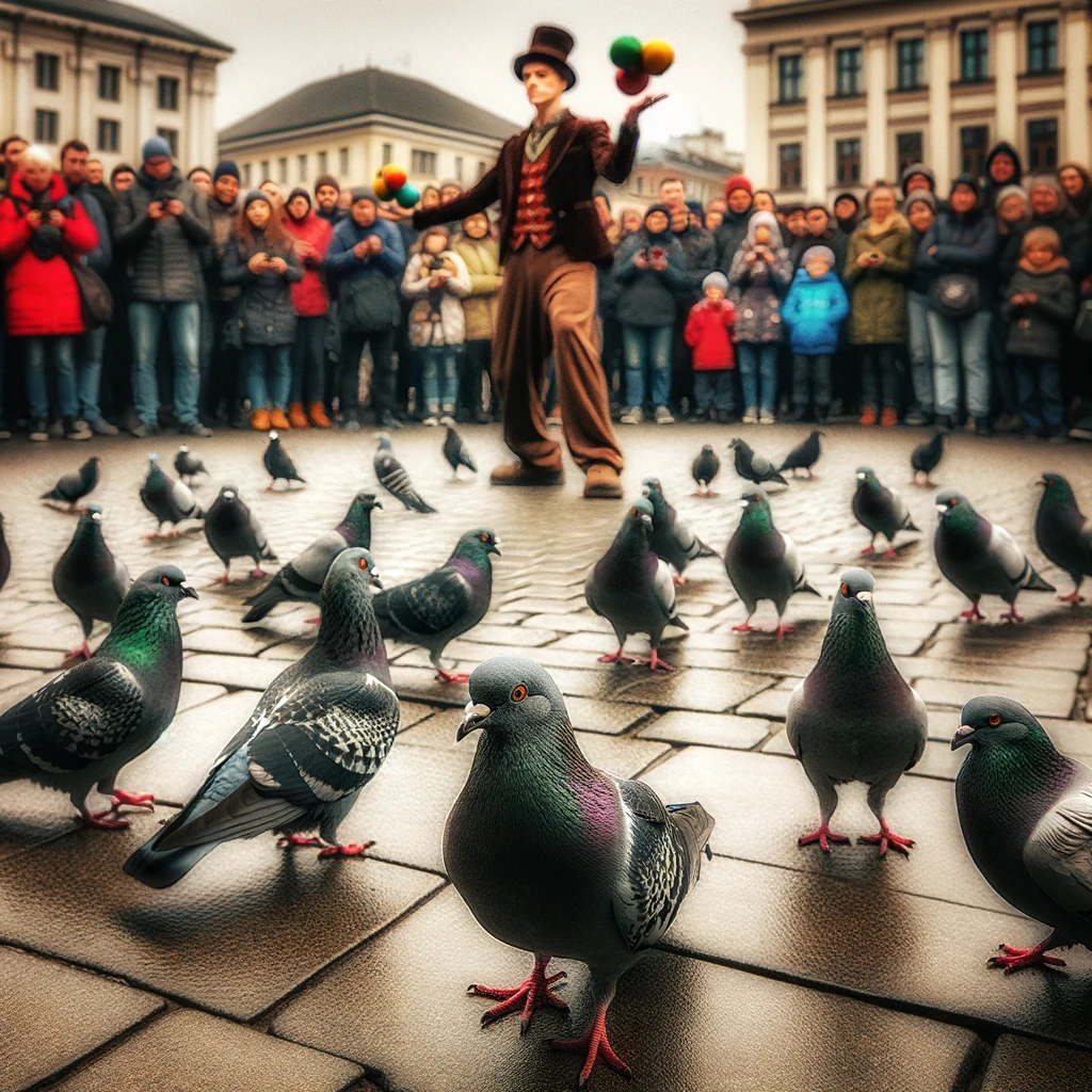 A funny image of a group of pigeons strutting around a city square, completely ignoring a street performer juggling in the background. The pigeons are in the foreground, looking for food on the ground, while humans gather around to watch the performer. Despite the crowd's excitement and the performer's efforts, the pigeons remain focused on their quest for crumbs, embodying the essence of urban wildlife's indifference to human entertainment. The caption reads: "When finding your next meal is more entertaining than any street show."
