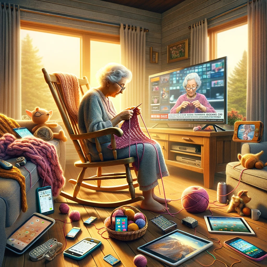 A heartwarming image of a grandmother knitting in a rocking chair, completely ignoring the technological gadgets surrounding her. The room is filled with modern devices like smartphones, tablets, and a large TV playing the news, but the grandmother is content with her knitting, creating something beautiful with her hands. The juxtaposition of traditional craft and modern technology highlights the serene focus of the grandmother amidst a world of digital distractions. The caption reads: "When the simple joy of crafting outshines the lure of technology."