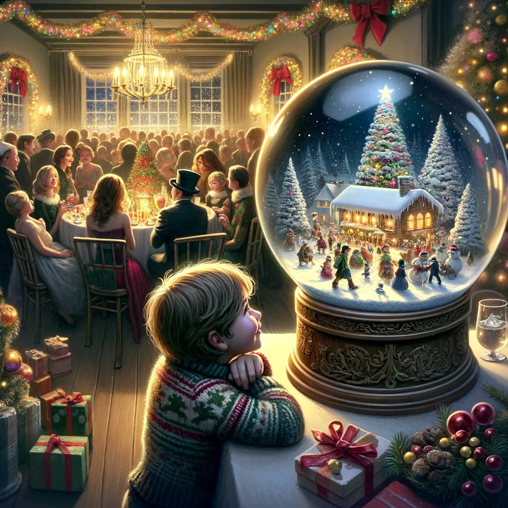 An enchanting image of a child gazing at a snow globe, completely mesmerized by the miniature winter scene inside, ignoring a bustling holiday party around them. The room is festively decorated with lights, a Christmas tree, and guests mingling with holiday cheer. However, the child is absorbed in the magical world of the snow globe, a symbol of wonder and imagination amidst the seasonal festivities. The caption reads: "When a tiny world holds more wonder than the biggest party."