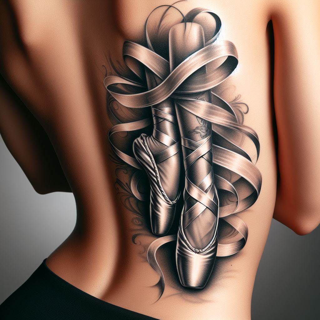 Elegant ballet shoes with ribbons tattoo wrapped around a woman's ribcage, detailed in black and grey, symbolizing grace, discipline, and a passion for dance.