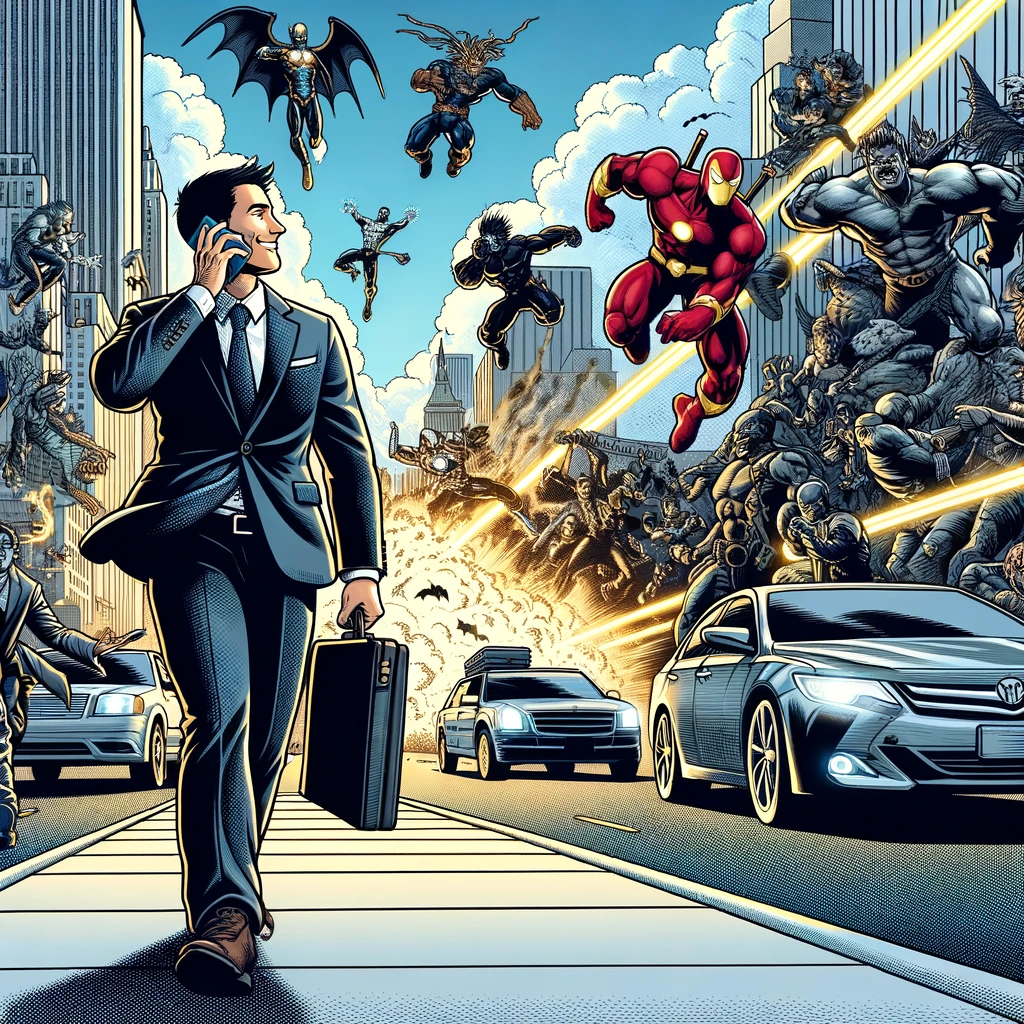 A comic image of a businessman walking confidently down the street, talking on his phone, completely unaware of a superhero battle happening in the sky above him. The cityscape is dramatic, with superheroes and villains locked in an epic confrontation, yet the businessman is too engrossed in his conversation to notice. This scene humorously juxtaposes the mundane with the extraordinary, highlighting the businessman's focus amidst extraordinary circumstances. The caption reads: "When the deal of the century takes precedence over the battle of the century."