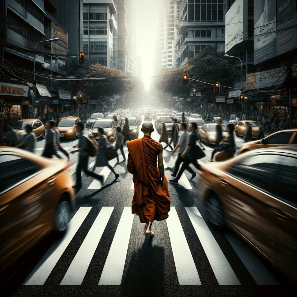 A serene image of a monk walking calmly across a busy intersection, completely at peace and oblivious to the honking cars and bustling pedestrians. The monk is in a state of tranquility, walking with a gentle smile, while the chaos of the city unfolds around him. This powerful image showcases the ability to find inner peace in the midst of urban chaos, a stark contrast between calmness and the frenetic pace of city life. The caption reads: "When inner peace turns the city's roar into a whisper."