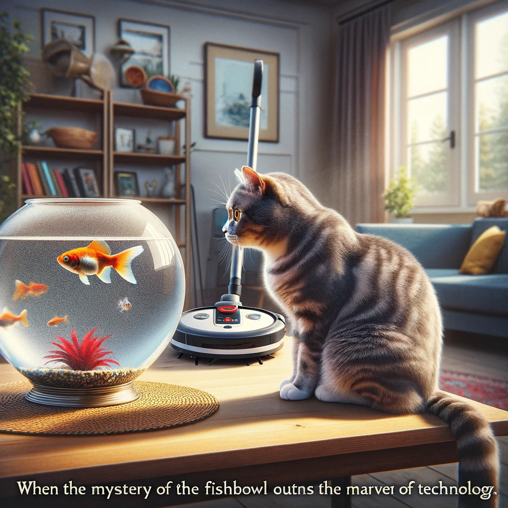 A whimsical image of a cat intently observing a fishbowl, completely captivated by the fish swimming inside, ignoring a vacuum cleaner running autonomously around the room. The room is a cozy living space, with the cat sitting on a table, fixated on the fishbowl, while the robotic vacuum moves in the background, cleaning the floor. This amusing scene highlights the cat's fascination with the fish, oblivious to the modern convenience of the robot cleaner. The caption reads: "When the mystery of the fishbowl outshines the marvel of technology."