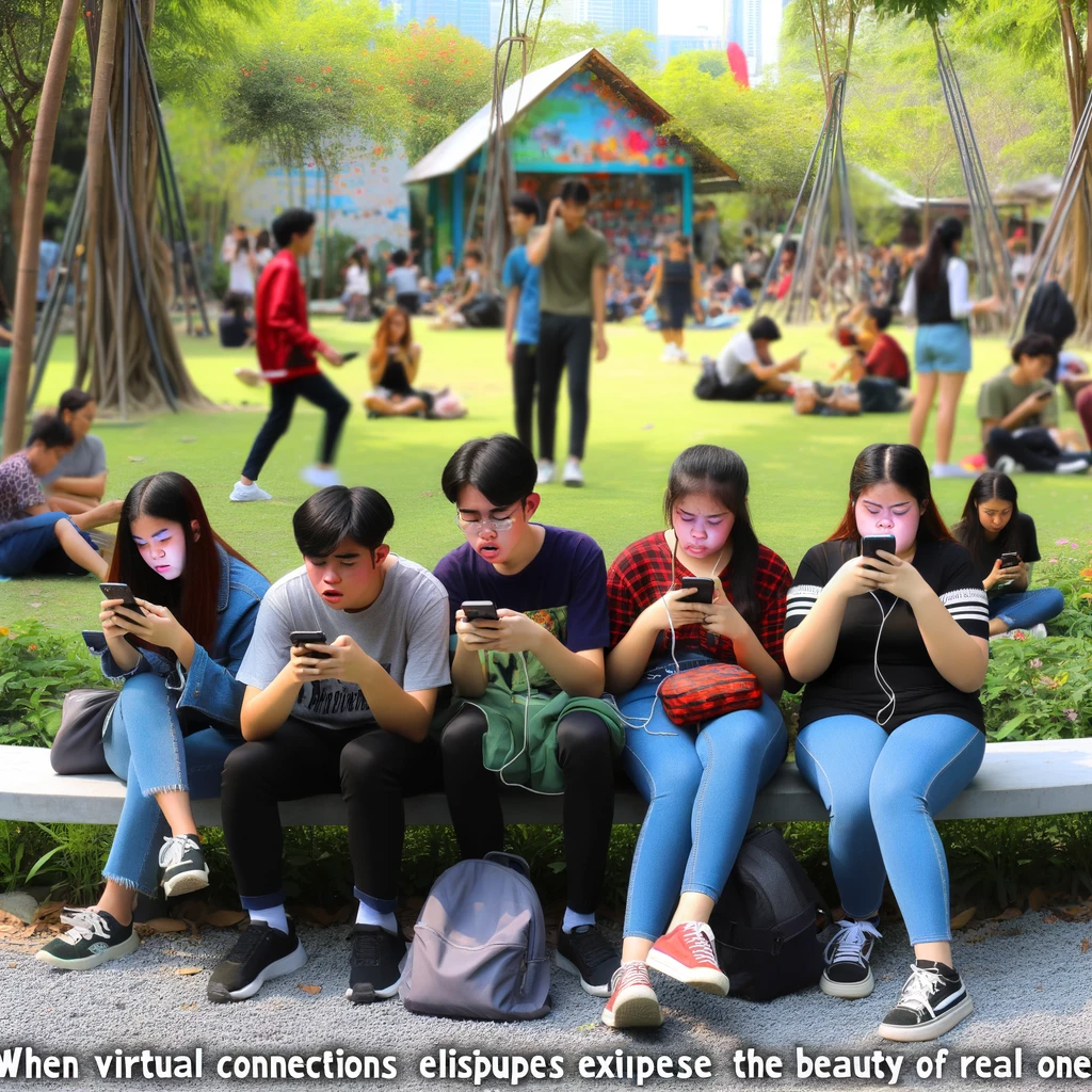 A humorous image of a group of teenagers completely absorbed in their smartphones, sitting together yet oblivious to each other's presence. They are in a vibrant urban park, surrounded by nature and people enjoying outdoor activities, yet their attention is solely focused on their screens. This scene comically highlights the contrast between digital engagement and the potential for real-world interaction right beside them. The caption reads: "When virtual connections eclipse the beauty of real ones."