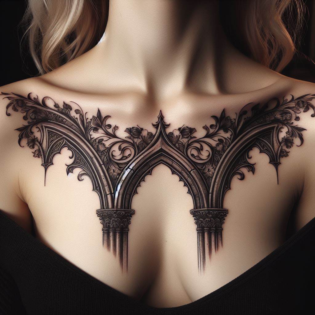 A delicate Gothic arch design tattoo spanning a woman's collarbone area, featuring intricate stone and floral details, symbolizing strength and architectural beauty.