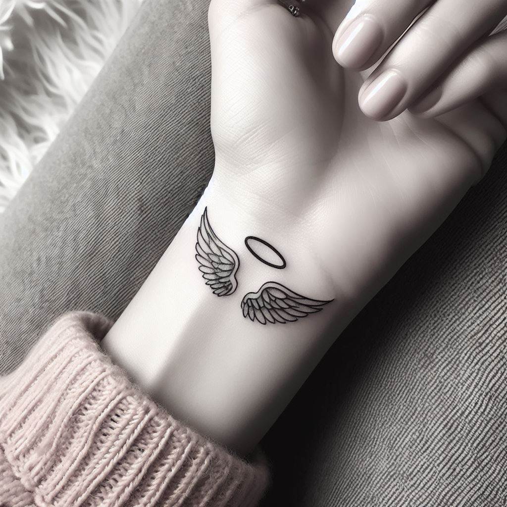 A minimalist guardian angel tattoo in black ink, suitable for placement on the inside of the wrist, featuring delicate wings and a simple halo.