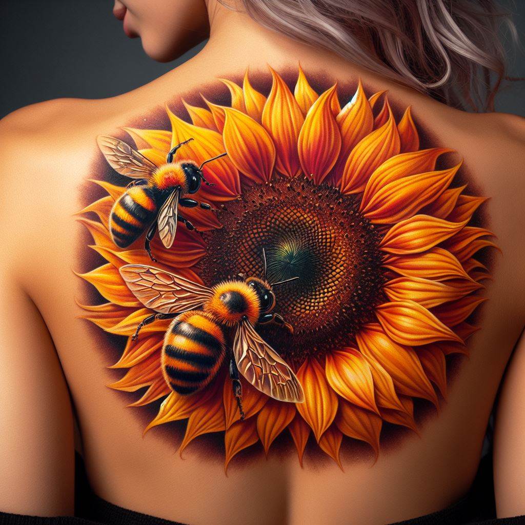 A large, vibrant sunflower tattoo on a woman's upper back, with a bee hovering close, detailed in bright yellows and browns, symbolizing happiness, growth, and the importance of nature's ecosystem.
