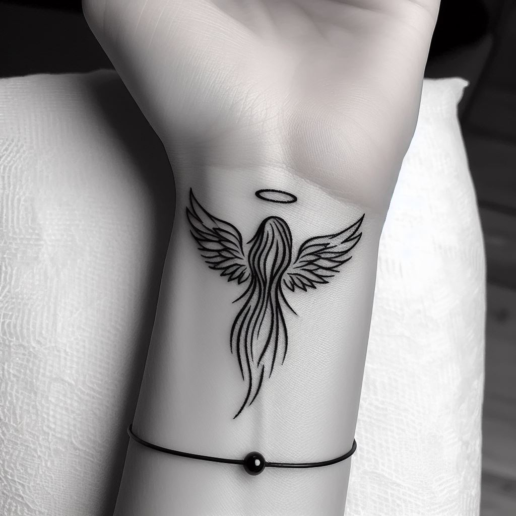 A minimalist guardian angel tattoo in black ink, suitable for placement on the inside of the wrist, featuring delicate wings and a simple halo.